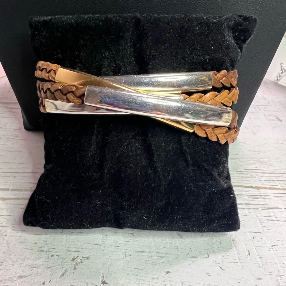 Lizzy James Double Strand Gold Silver & Brown Leather Wrap Around Bracelet D13